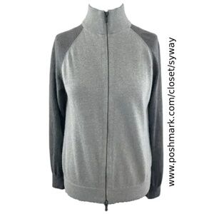 Theory Merino Wool Full Zip Mock Neck Colorblock Sweater Cardigan